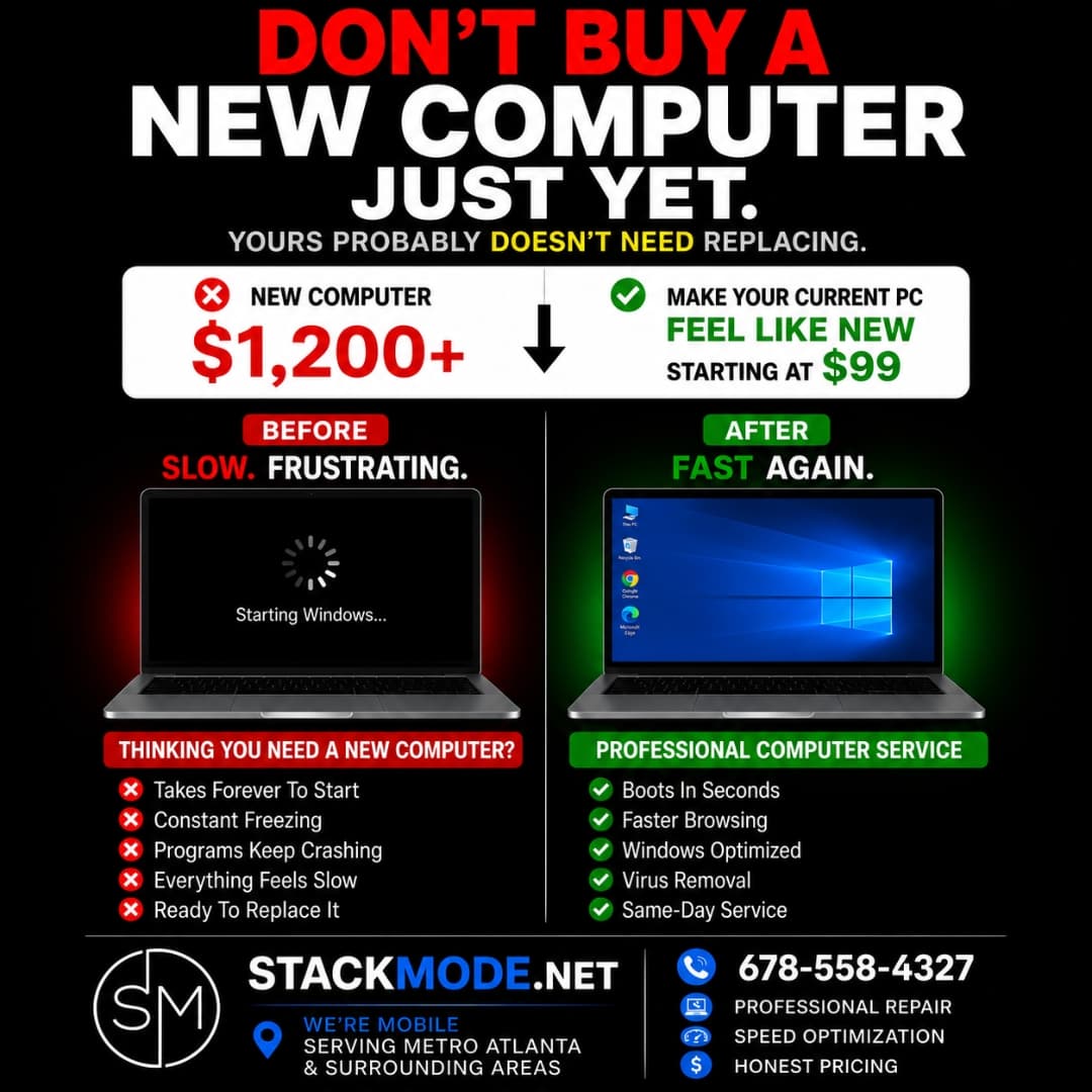 Square computer repair advertisement comparing replacement and repair cost