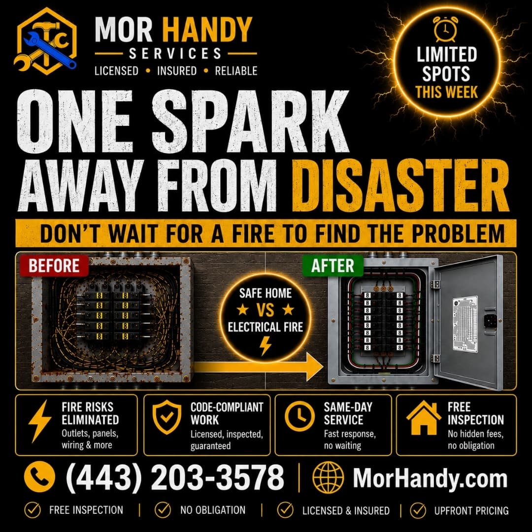 Electrical safety advertisement showing a replaced outlet