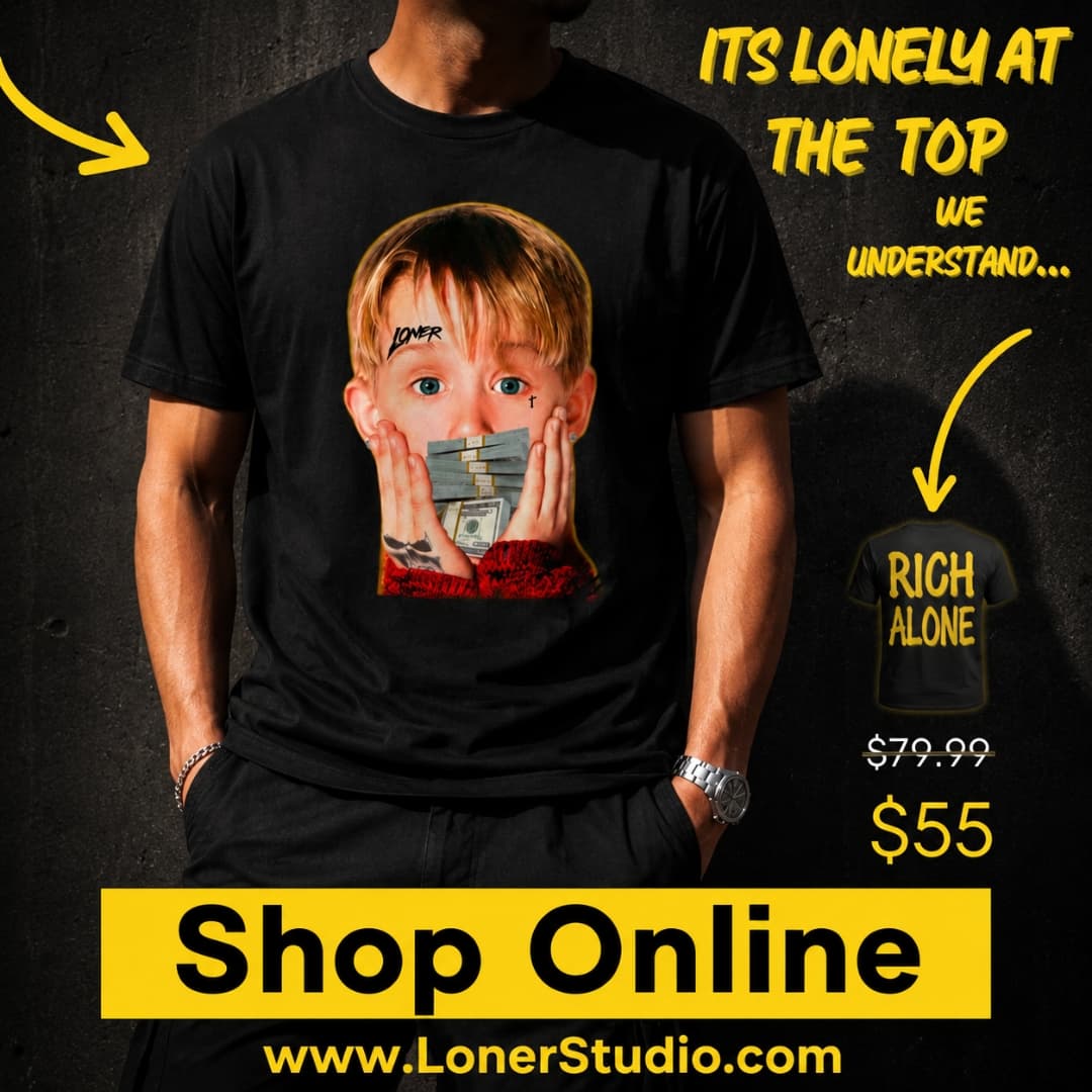 Apparel advertisement with black shirt and yellow call to action