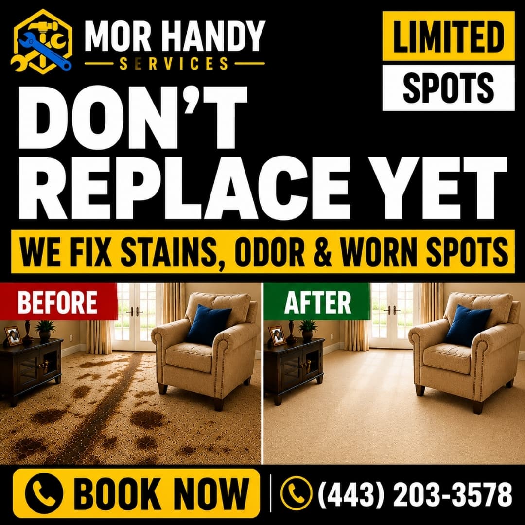 Carpet repair and cleaning advertisement with before and after sofa imagery