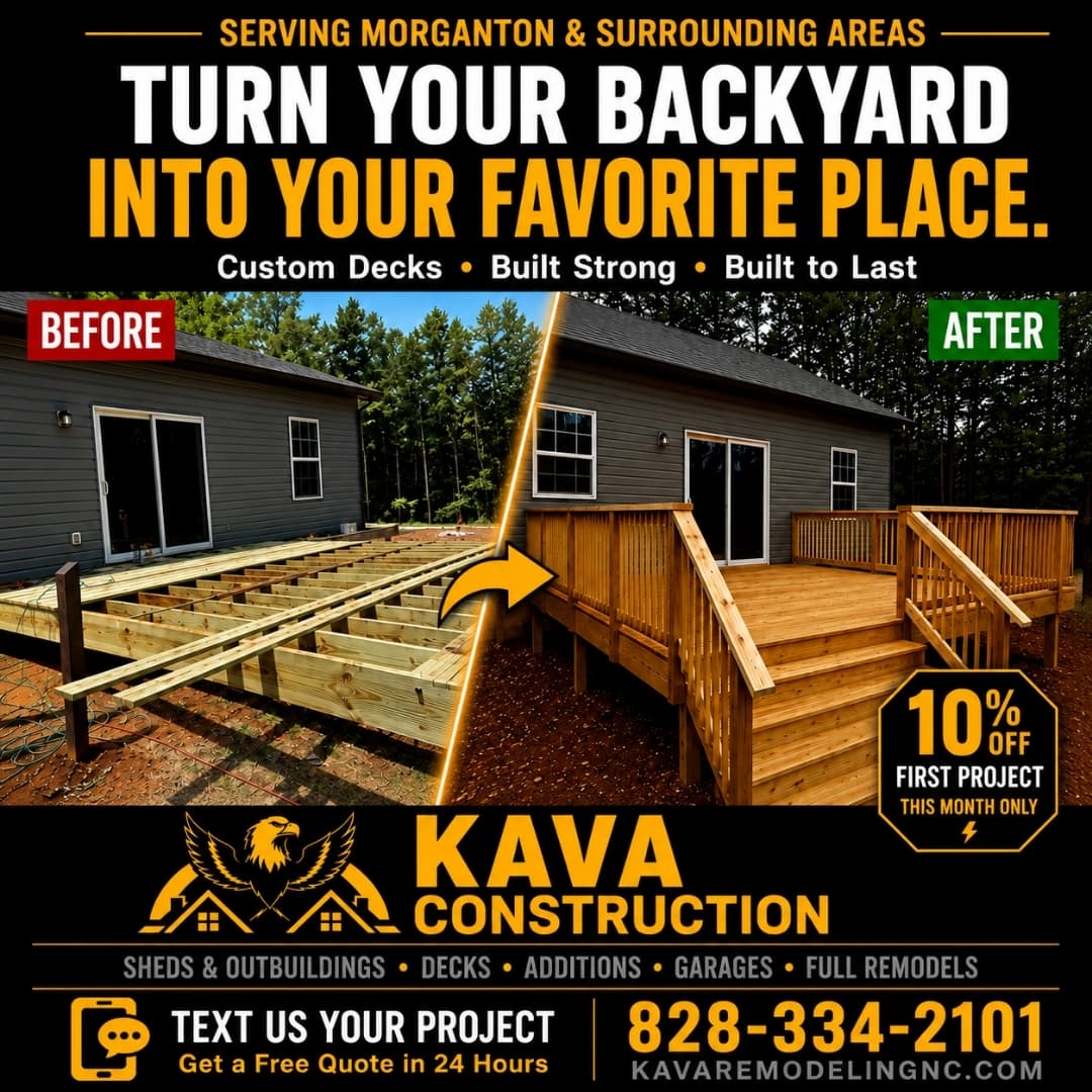 Backyard deck construction advertisement with before and after photography