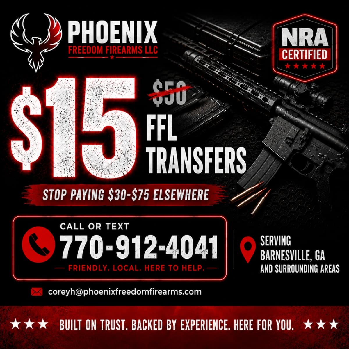 Square firearms transfer advertisement with price and phone action