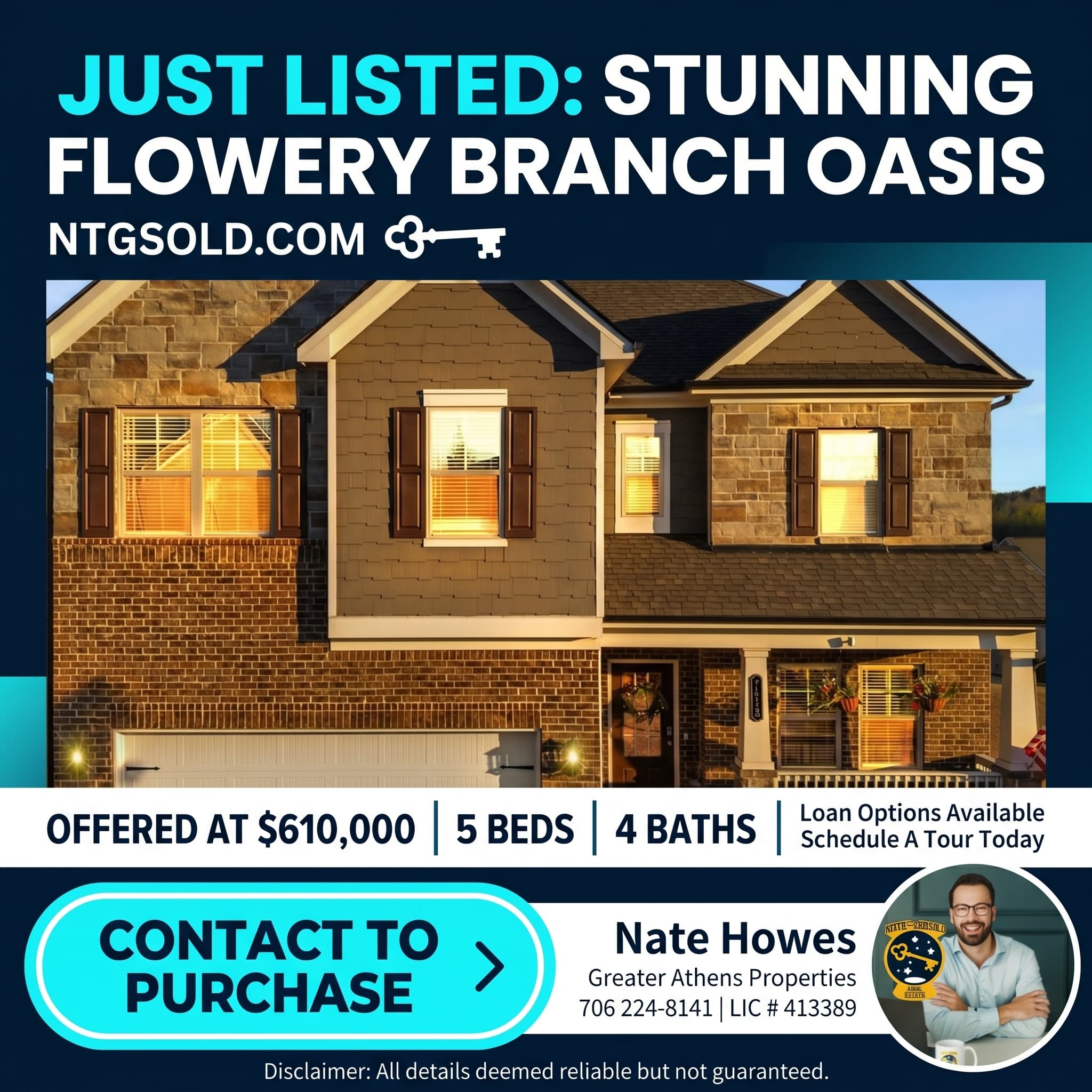 Real estate listing advertisement with home photo and agent contact
