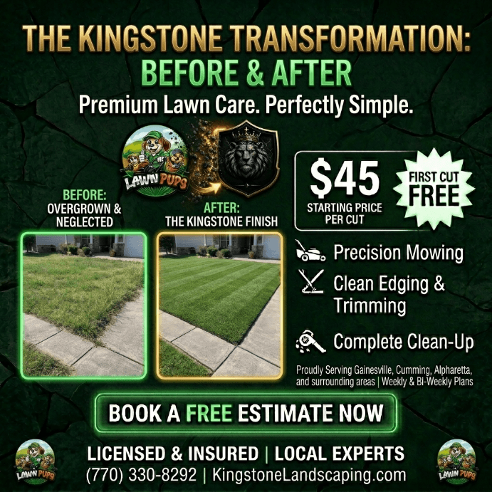Landscaping transformation advertisement with before and after lawn photos