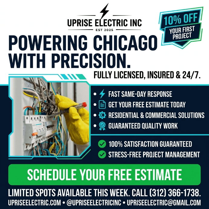 Square electrician advertisement with Chicago service call to action