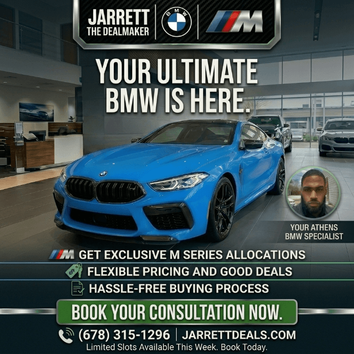 Automotive sales advertisement featuring a BMW and consultation action
