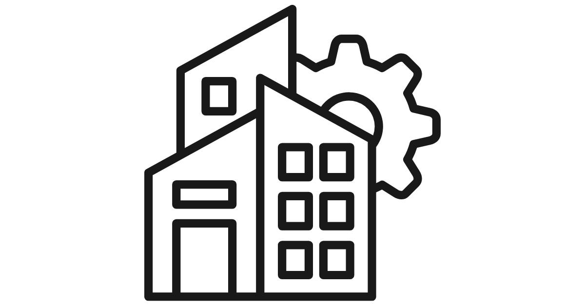 Company building and gear illustration representing coordinated business operations