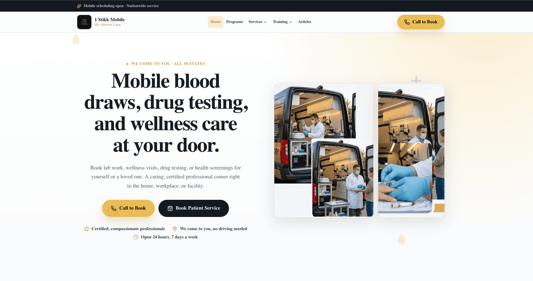 Mobile medical service website with service photography and booking actions