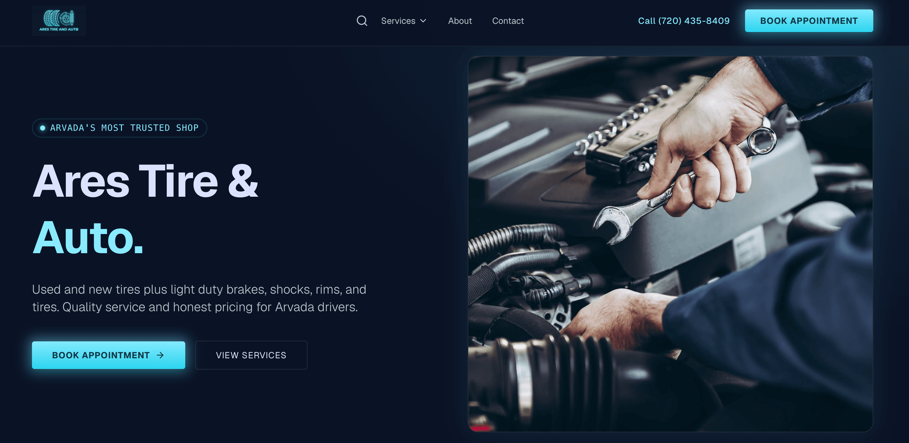 Automotive service website with dark navy layout and appointment action