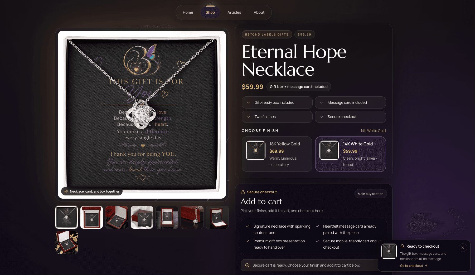 Dark ecommerce product page for a personalized necklace