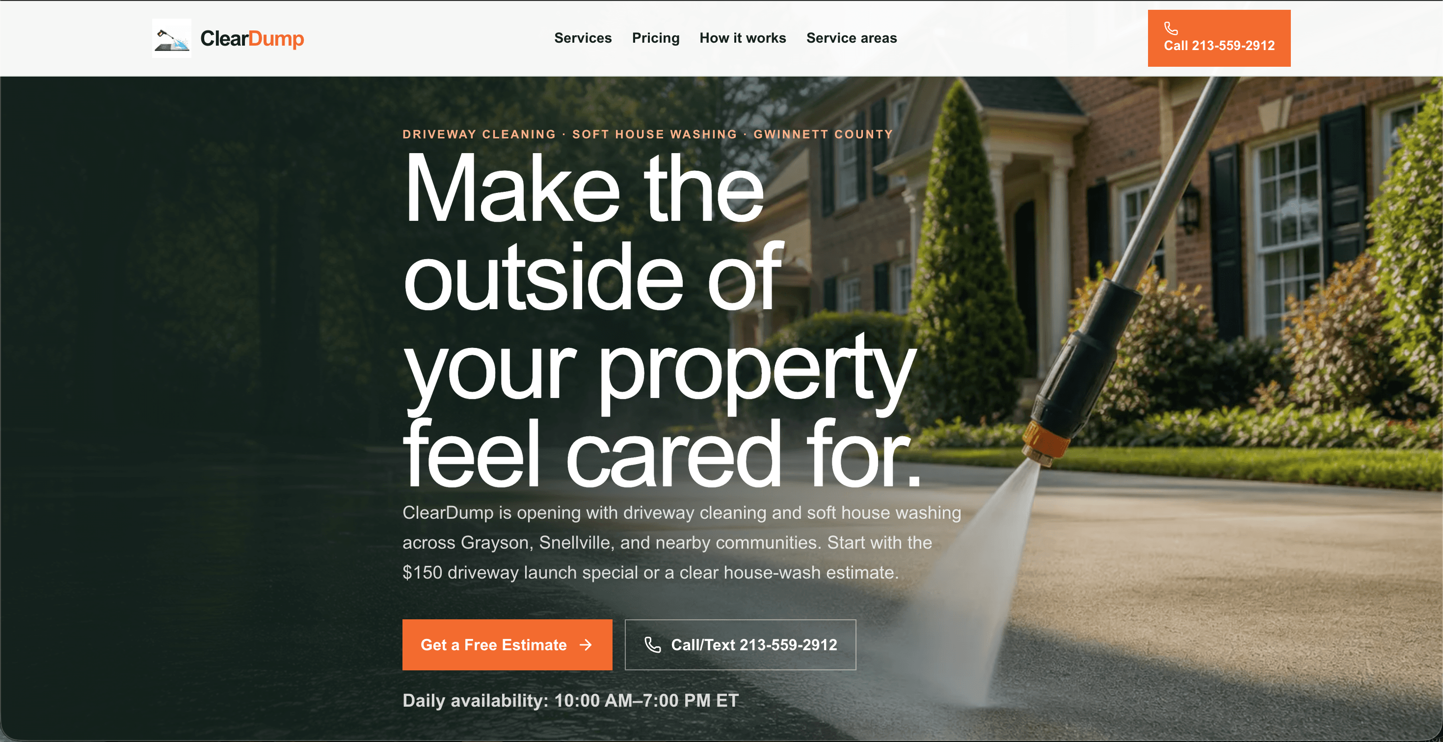 Driveway cleaning and house washing website with a direct estimate action