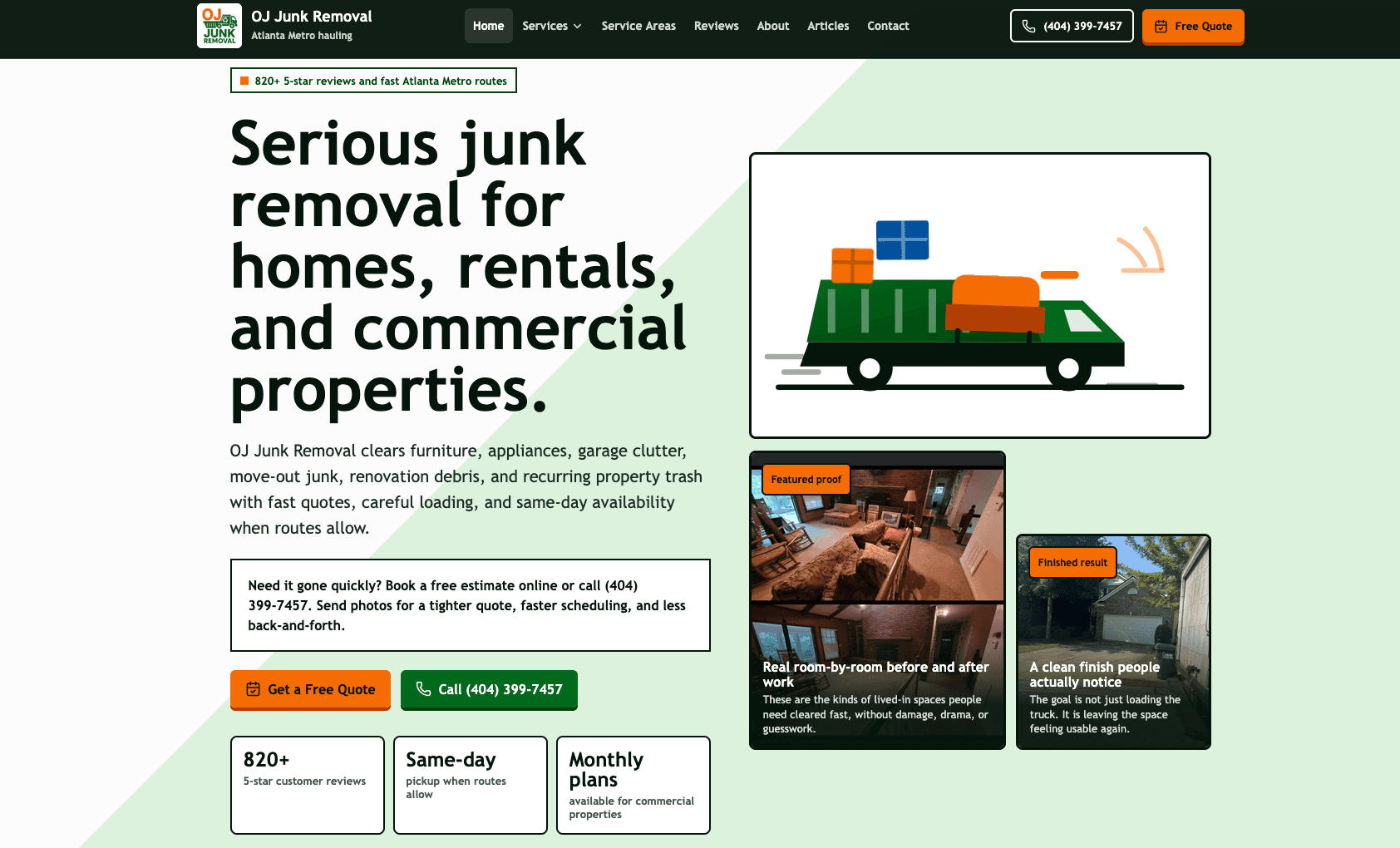Custom junk removal website homepage with service proof and clear quote actions