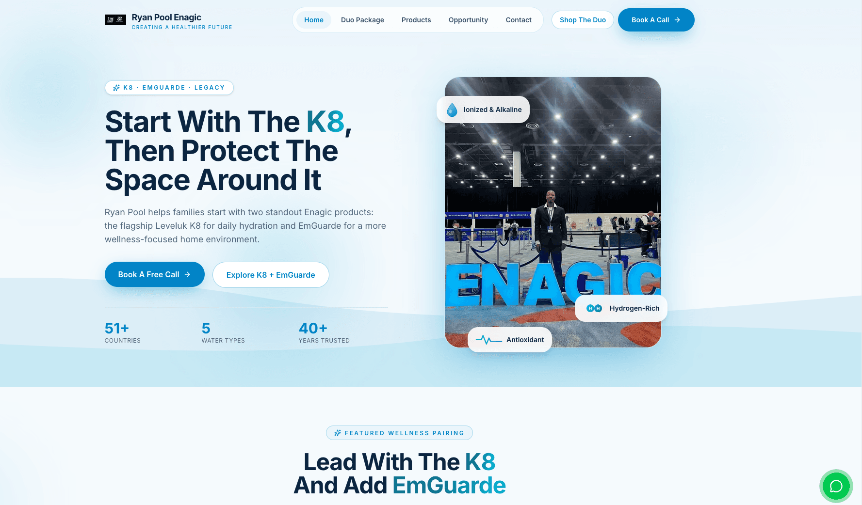 Light blue water product website with event photography and product callouts