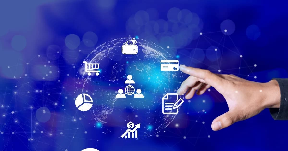A hand selecting business, commerce, content, and growth tools around a connected digital globe