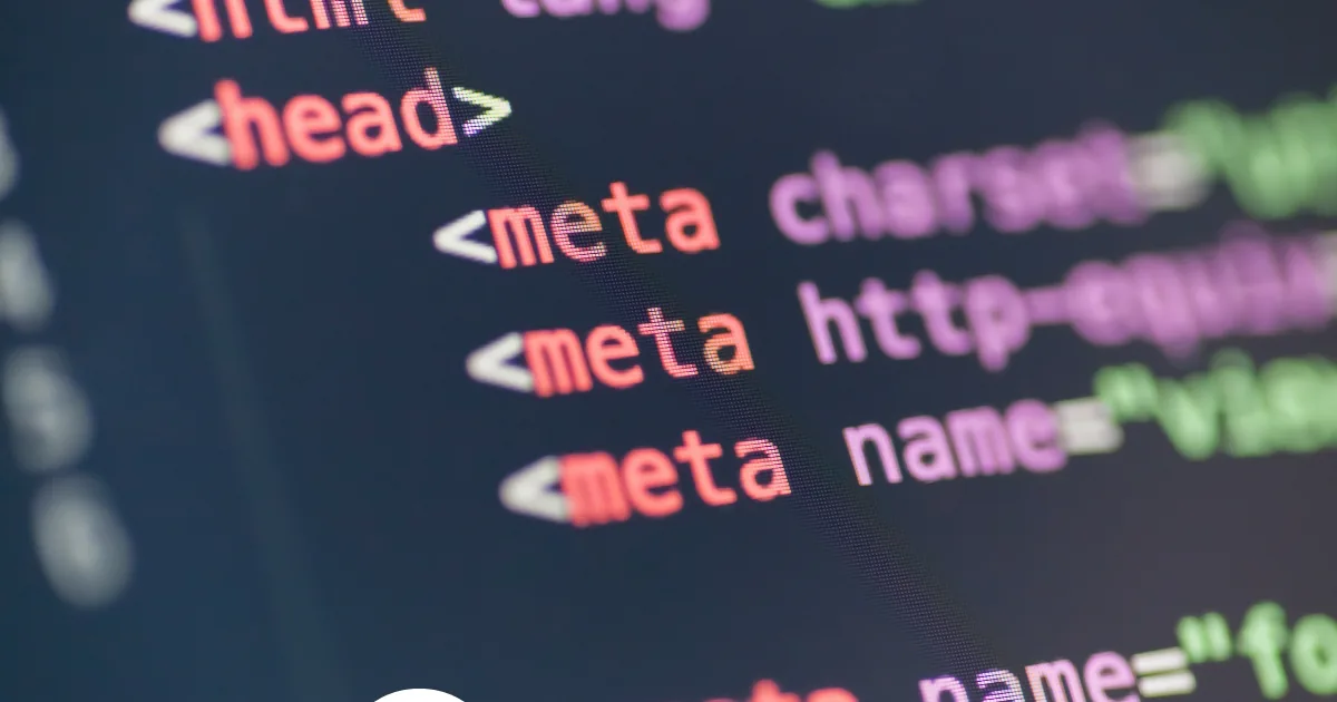 Close-up of webpage head and meta elements in source code