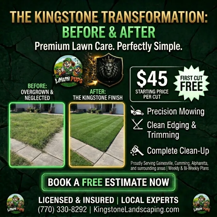 Kingstone Landscaping ad creative: $45 cuts, first cut free — before & after