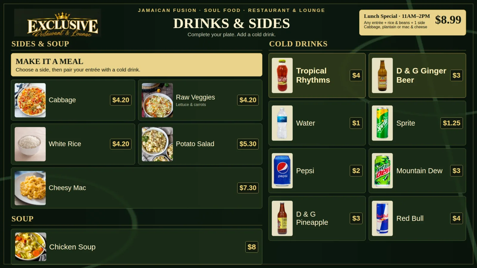 Exclusive Restaurant & Lounge TV menu: sides, soup and cold drinks with photos and prices