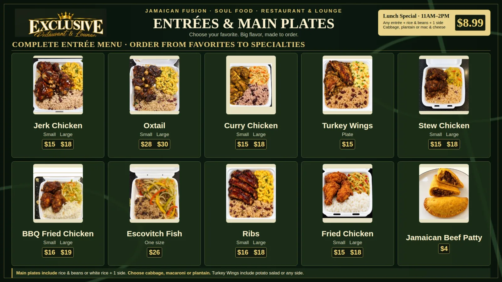 Exclusive Restaurant & Lounge TV menu: entrées and main plates with a photo and price for every plate