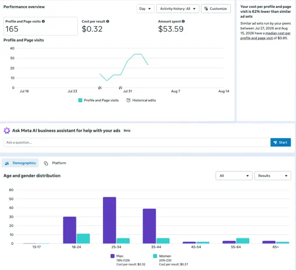 Meta Ads Manager dashboard: BIGZO Artist profile growth, 165 profile & page visits at $0.32 each