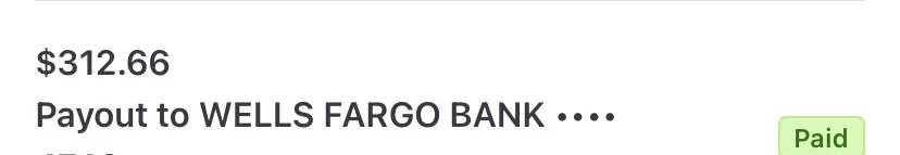 Stripe payout of $312.66 to Wells Fargo, paid