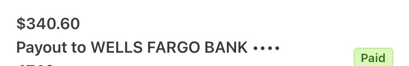 Stripe payout of $340.60 to Wells Fargo, paid