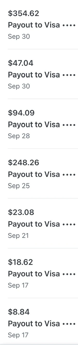 Stripe payouts to Visa, Oct 7 – Oct 11 2026: $46.99, $95.52, $286.70, $28.33, $94.48, $57.10, $47.54