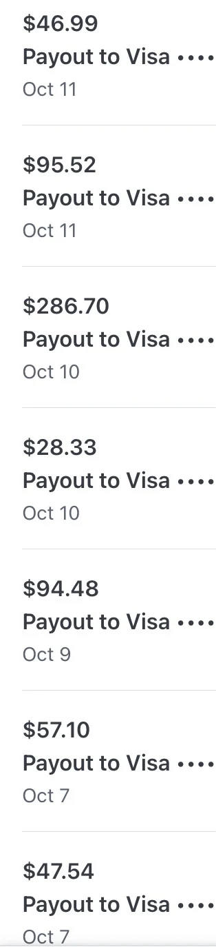 Stripe payouts to Visa, Sep 17 – Sep 30 2026: $354.62, $47.04, $94.09, $248.26, $23.08, $18.62, $8.84