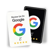 Double-sided NFC Google review card in 3D: white Review Us On Google front, black NFC back