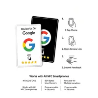How it works: tap phone, open review link, submit feedback