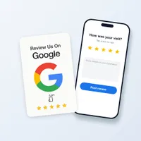 Review card next to a phone showing the review form that opens when you tap it