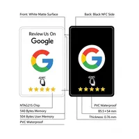 Review card specs: white matte front, black NFC back, NTAG215 chip, 504 bytes user memory, waterproof PVC, 85.5 × 54 × 0.76 mm