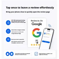 Phone held near the card opens the Google review page — works with iPhone and Android