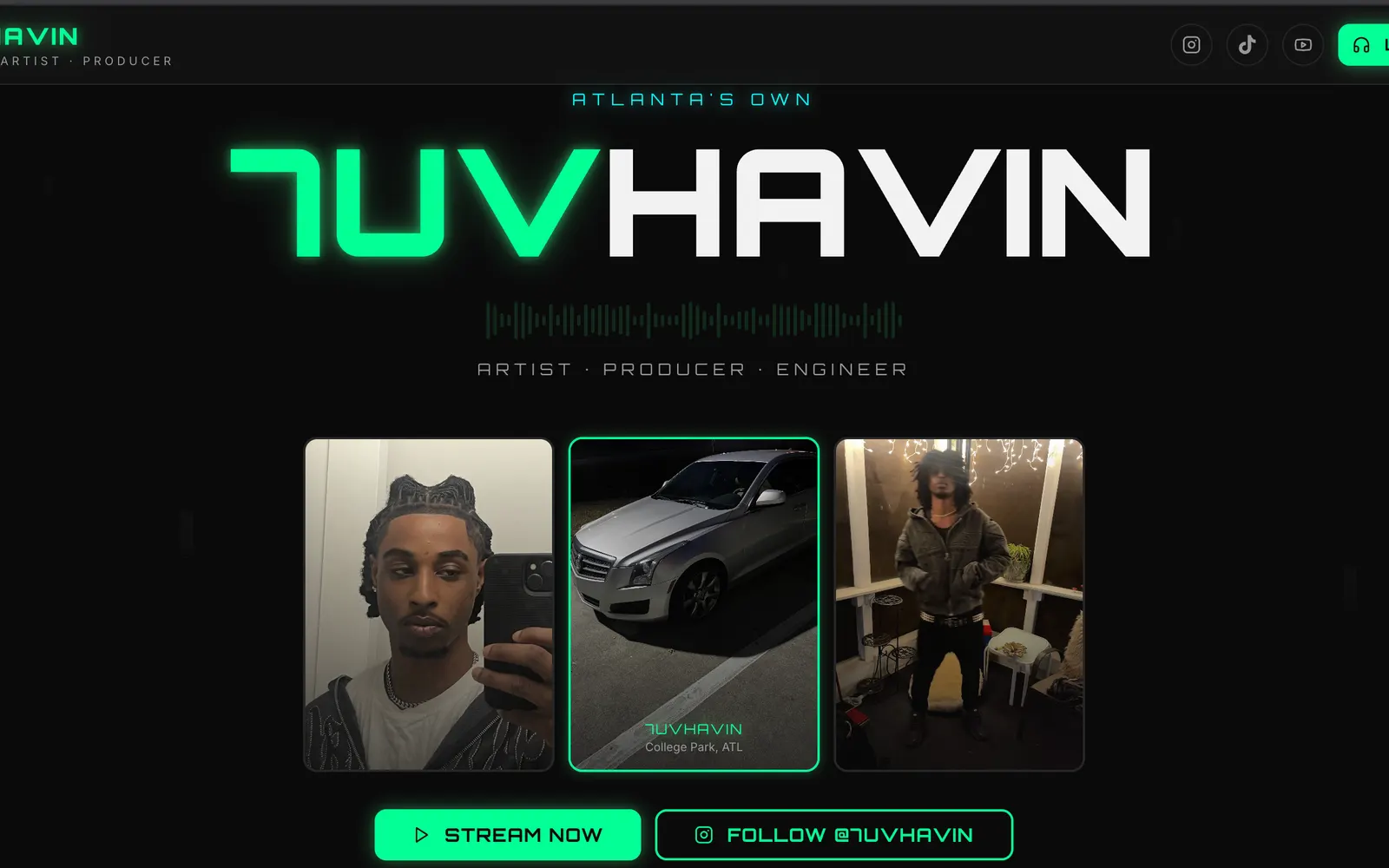 7UVHAVIN artist, producer & engineer website homepage, designed and built by CEO Turbo