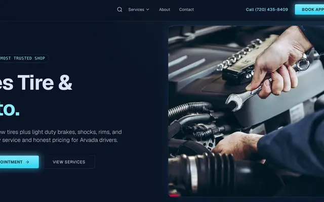 Ares Tire & Auto website homepage designed by CEO Turbo