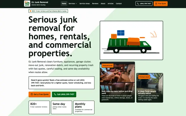 OJ Junk Removal website homepage designed by CEO Turbo