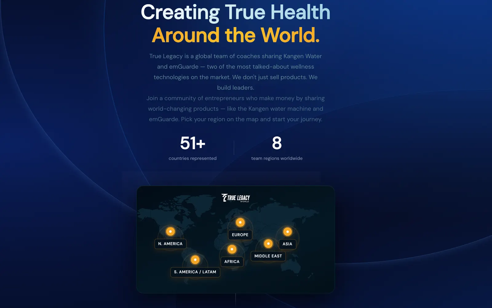 True Legacy global wellness business network website homepage, designed and built by CEO Turbo